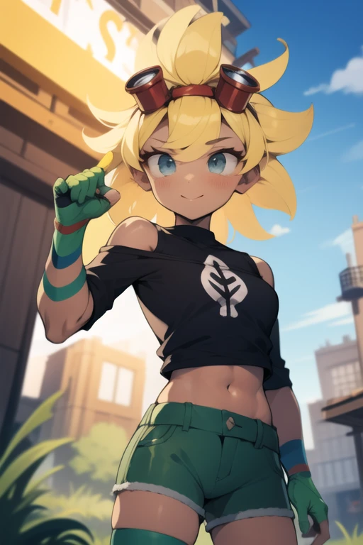 <lora:solar_flare_(plants_vs_zombies_heroes):1>, solar_flare_(plants_vs_zombies_heroes), masterpiece, best quality, 1girl, solo, blonde hair, gloves, fingerless gloves, one eye closed, freckles, dark skin, navel, goggles, goggles on head, watermark, dark-skinned female, elbow pads, on back, lying, midriff, web address, grass, crop top, bike shorts, shorts, highleg panties, full body, eyewear on head, small breasts, breasts, black eyes, short hair, underwear, tied shirt, green footwear, panties, glasses, highleg, smile, shirt, blush