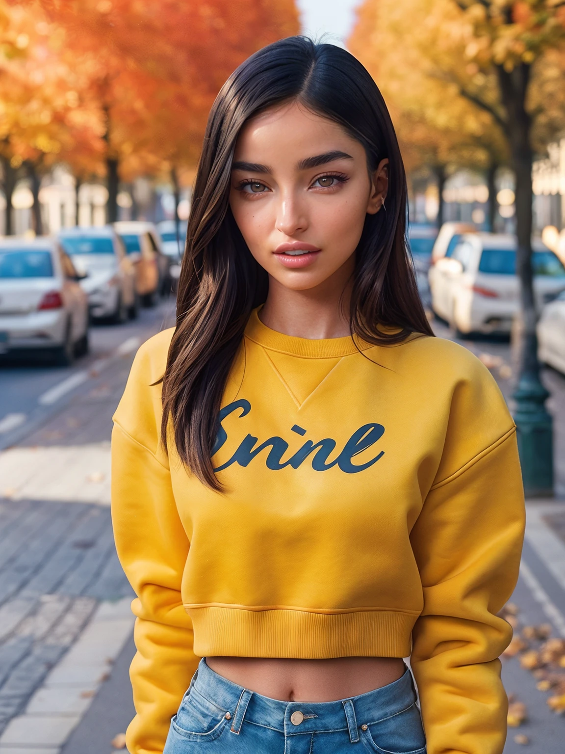 closeup portrait of beautiful (block_emwil:0.99), a woman, smiling, (crewneck-sweatshirt:1.1),  avenue of trees,, (autumn),  falling leaves, (analog, cinematic, film grain), detailed eyes, (color picture:1.1), (looking at viewer), shot with Fuji XT3, 85mm