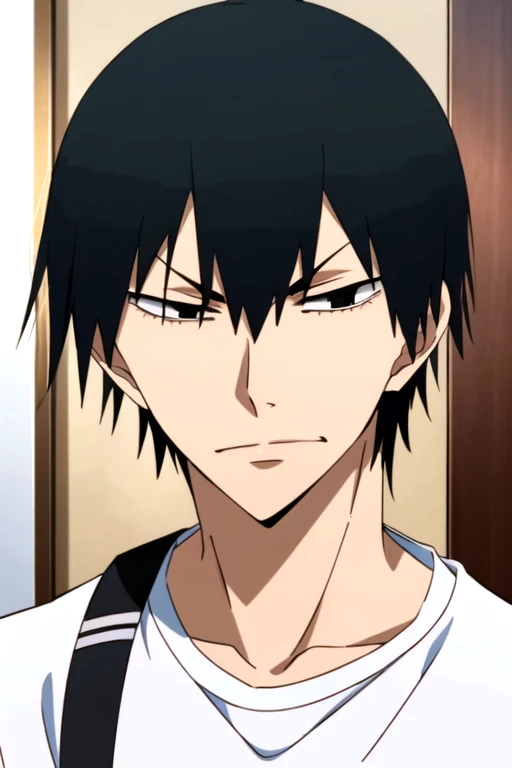 (best quality:1.1), (masterpiece:1.4), game cg, looking at viewer, upper body, depth of field, anime coloring, , 1boy, solo, male focus, <lora:yasutomo_arakita:0.74>, yasutomo_arakita, black hair, black eyes,