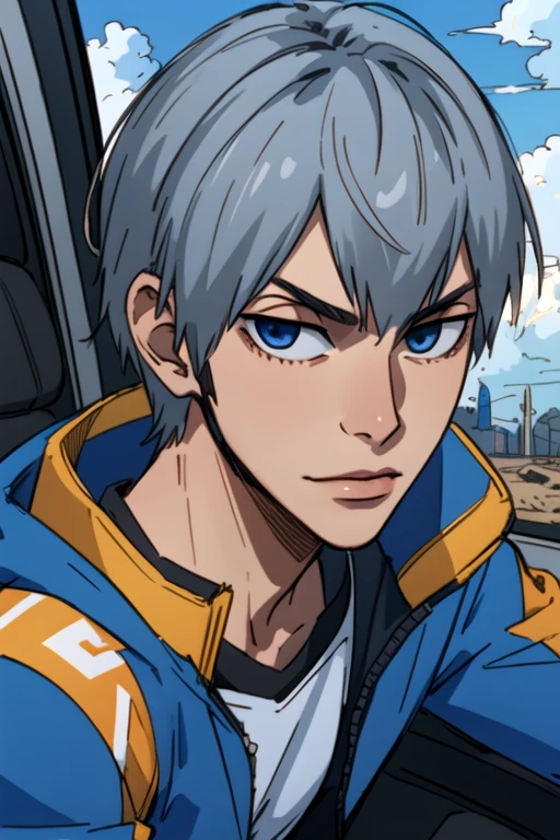 (best quality:1.1), (masterpiece:1.4), sketch, looking at viewer, , depth of field, ligne claire, (semi-realistic:1.4), 1boy, solo, male focus, <lora:yukinari_kuroda:0.76>, yukinari_kuroda, grey hair, blue eyes, , science fiction apocalyptic and post-apocalyptic, 12k resolution