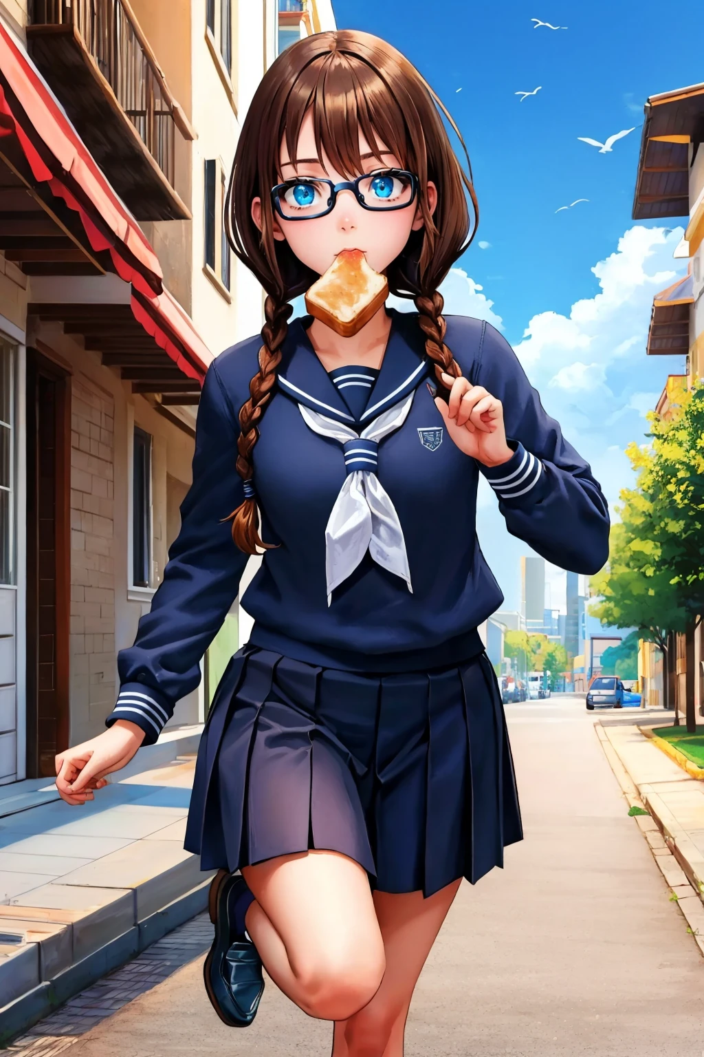 masterpiece, best quality, <lora:yoshidasaki-nvwls-v1-000008:1> defSaki, blue eyes, twin braids, glasses, serafuku, neckkerchief, long sleeves, pleated skirt, ,  <lora:toast-nvwls-v1:0.6> toast in mouth, running, street, socks, loafers