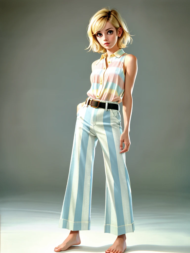 Realistic photo of a beautiful tw1ggy woman, 1girl,solo,short hair,simple background,blonde hair,shirt,bare shoulders,standing,full body,barefoot,sleeveless,striped,belt,pants,striped pants,soft lighting, professional Photography, Photorealistic, detailed, RAW, analog, sharp focus, 8k, HD, high quality, masterpiece<lora:tw1ggy:1.0>