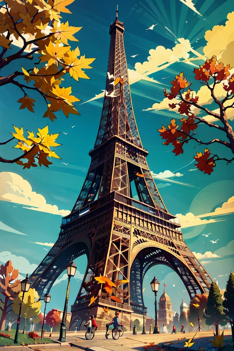 ((masterpiece,best quality)), absurdres <lora:Eiffel_Tower:0.8>, Eiffel_Tower, 1girl, solo, outdoors, sky, day, cloud, tree, blue sky, shadow, bird, leaf, ground vehicle, scenery, autumn leaves, wide shot, lamppost, bicycle