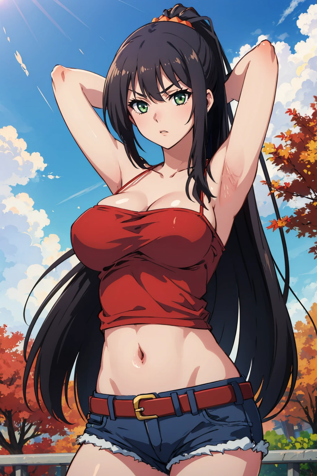 masterpiece, best quality, <lora:kzseraphim-nvwls-v1-000009:0.9> kzseraphim, ponytail, red camisole, red shirt, cleavage, midriff, large breasts, belt, denim shorts, arms behind head, furrowed brow, clouds, sky, autumn