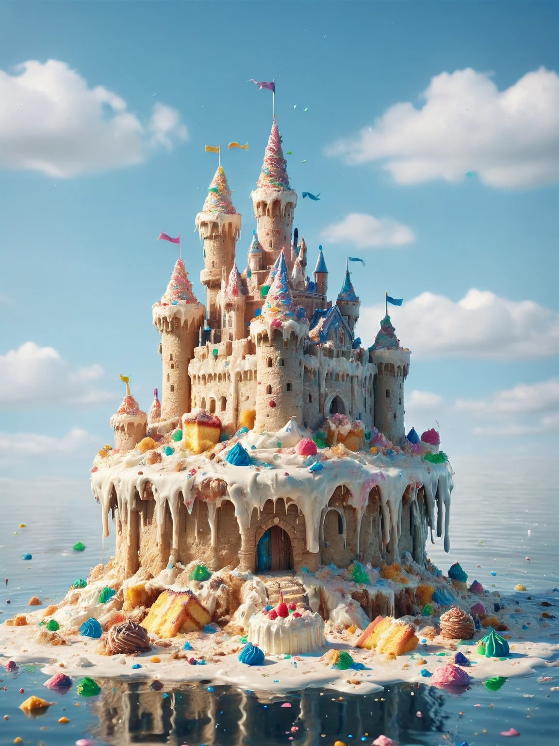 ais-cakemess floating desert island with a whimsical castle. <lora:Cake_Mess_SDXL:1>