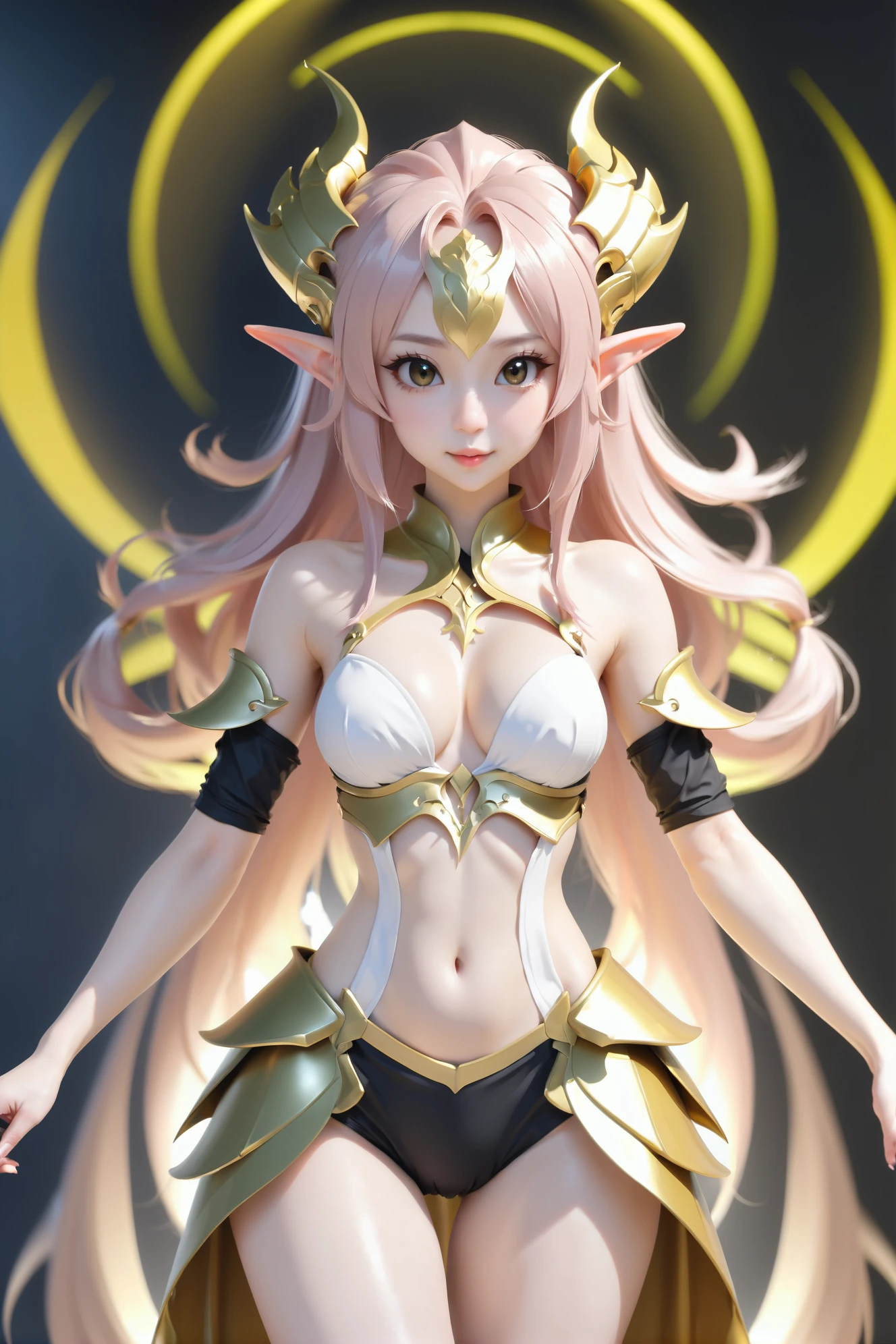 1girl, woman, elf dervish villainess, sexy armor, pauldrons, bombshell hair, gold hair, Blowout Curls, slim figure, narrow waist, tight ass, medium breasts, (asian:1.3)<lora:EnvyMysticNeonXL01:1>
