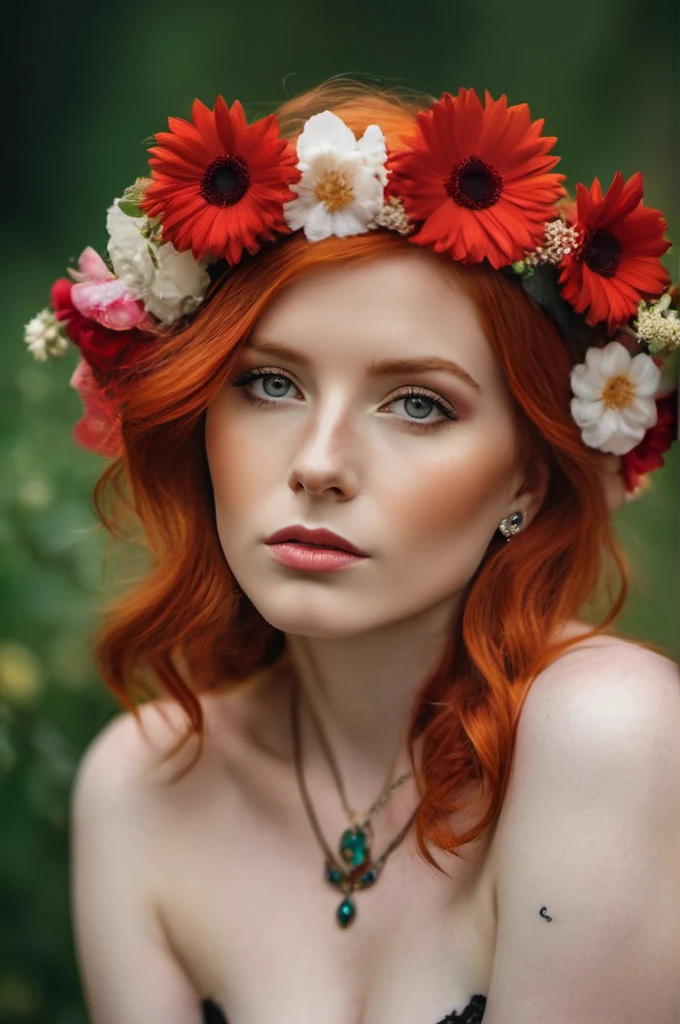 A photo of a (woman adorned with flowers:1.3), (vivid red hair:1.2), (piercing gaze:1.4), floral headpiece, (soft petals against skin:1.1), (natural beauty:1.2), (contrast of colors:1.3), intimate portrait, Canon EOS 5D Mark IV, 1/200s, f/2.8, ISO 100, (depth of field:1.1), (delicate bloom textures:1.2), (poetic composition:1.3).