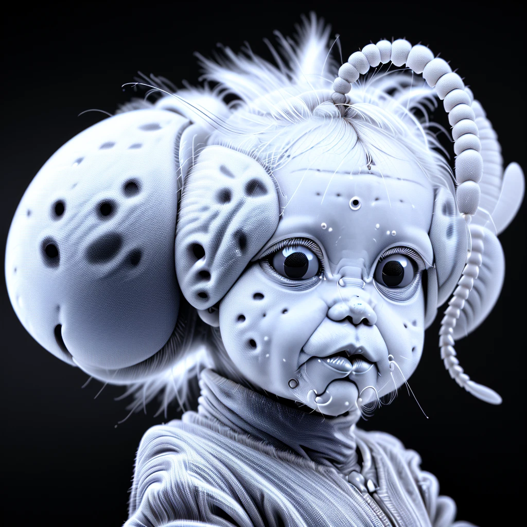 photo realistic, insect human baby, blonde hair, deformed, mutating, portrait,extra eyes, antenna,proboscis,,monochromatic, photograph, grain <lora:QYPTOXMACR0:.8>