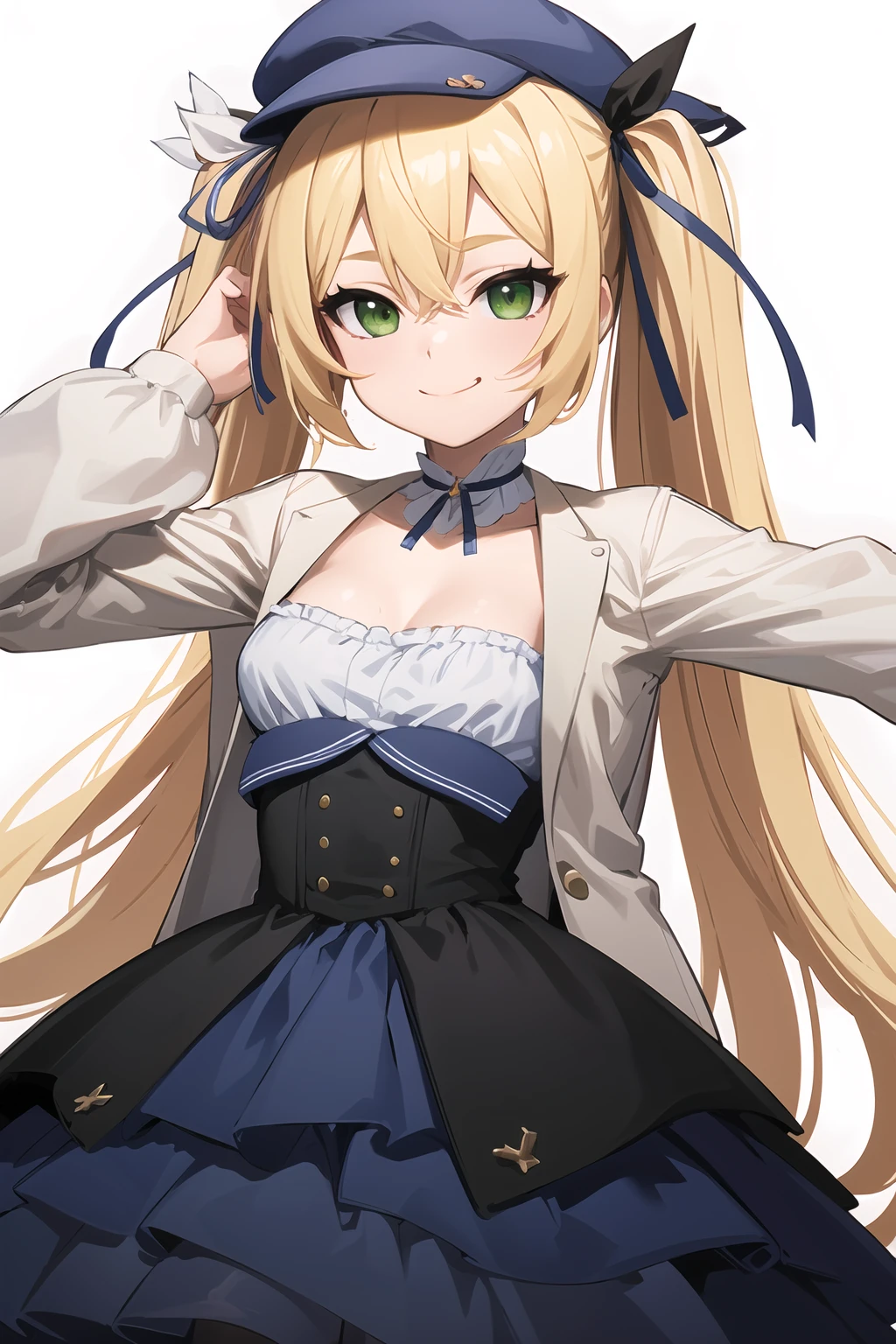 dokibird, blonde hair, green eyes, hair between eyes, long hair
jacket, hair ribbon, blue ribbon, choker, hat, layered dres, dress, blue dress, blue headwear, frills <lora:dokibirdumceko-000006:1>
, looking at viewer, smug, cowboy shot, (masterpiece), (ultra-detailed), best quality, 8k