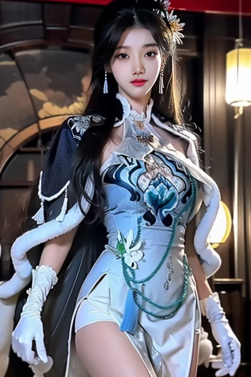 ltra-detailed,highly detailed,best quality,masterpiece,illustration,realistic,photorealistic,
guqinghan,cangyugezhu, 1girl, solo,
chinese clothes, china dress, gloves, fur trim, side slit, cape, shawl,
jewelry, earrings, tassel,
black hair, long hair, hair bun, hair ornament, hair flower,
looking at viewer, cowboy shot, standing,
outdoors, winter, snow, flower,
<lora:guqinghan cangyugezhu_v1_04:0.9>