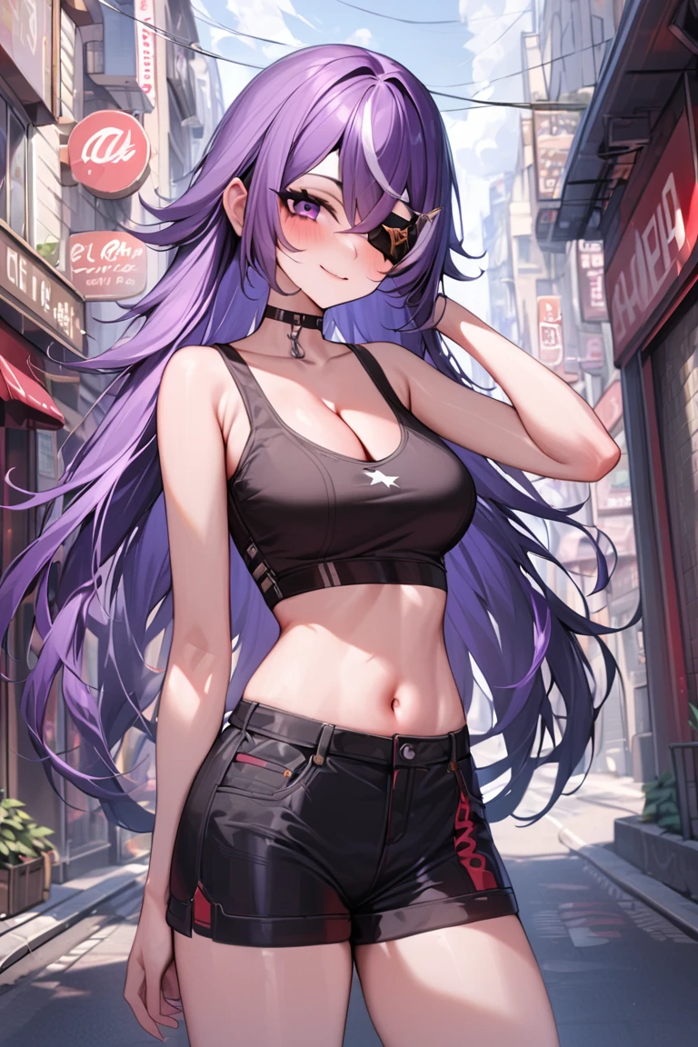 masterpiece, best quality, ultra detailed, BREAK
1girl, solo, female, chevreuseexp, purple hair, white streaks, long hair, Purple eyes, eye patch, hair clip, star clip,
croptop, shorts, thighs, navel, cleavage, street, buildings, outdoors, blush, light smile, , looking at viewer, colorful, vivid, <lora:ChevreuseGenshin_XL-000009:0.8>