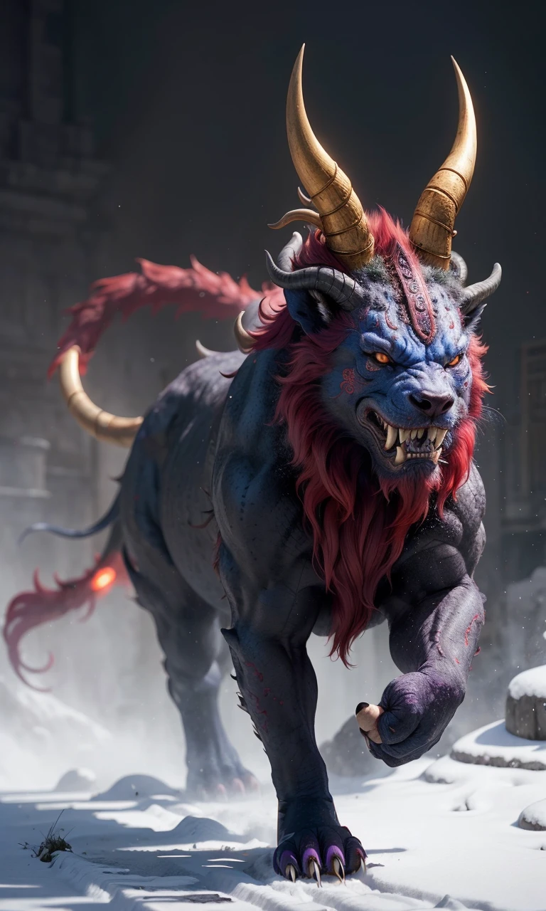Nian2024, monster, new york, trending on arstation, 4 legs, horns, vibrant colors, Chinese mythology, ferocious,