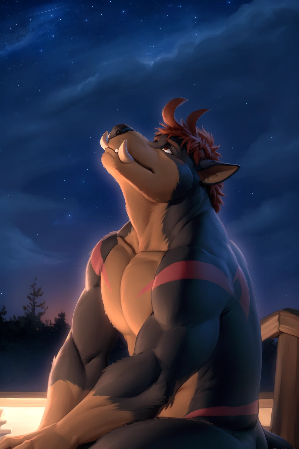 <lora:chad-09:1>, chadhze, red eyes, tusks, ahoge, (posing:1.3), (soft shading), 4k, hi res, ((detailed face, detailed)), by zackarry911, by zaush, (by personalami:0.5), 1boy, sitting, full body, male focus, nude, sky, night, looking up, star (sky), night sky, starry sky