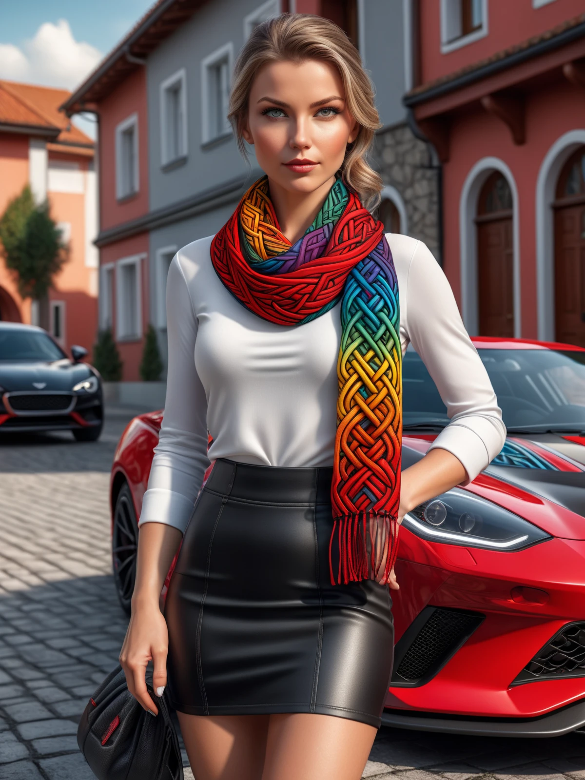 woman wearing a colorful mad-viking-knot scarf, black skirt and white top in front of a red sports car, dynamic pose <lora:Colorful_Viking_Knot_SDXL:0.50>, (masterpiece:1.2), best quality, (hyperdetailed, highest detailed:1.2), high resolution textures