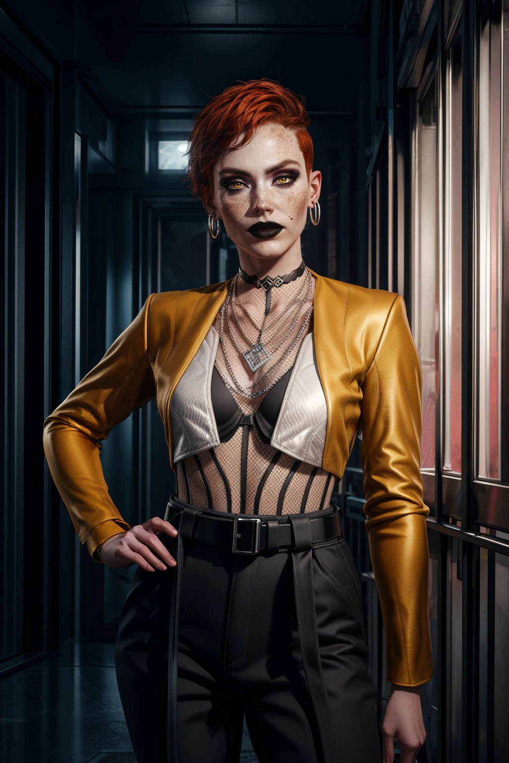 auroreCP77_soul3142,1girl,red hair,short hair,earrings,yellow eyes,freckles,makeup,black lips,mole,black choker,fishnet top,necklace,yellow jacket,belt,high-waist pants,dramatic lighting,<lora:auroreCP77-06n:0.65>,<lora:add_detail:0.8>,<lora:LowRA:0.6>,