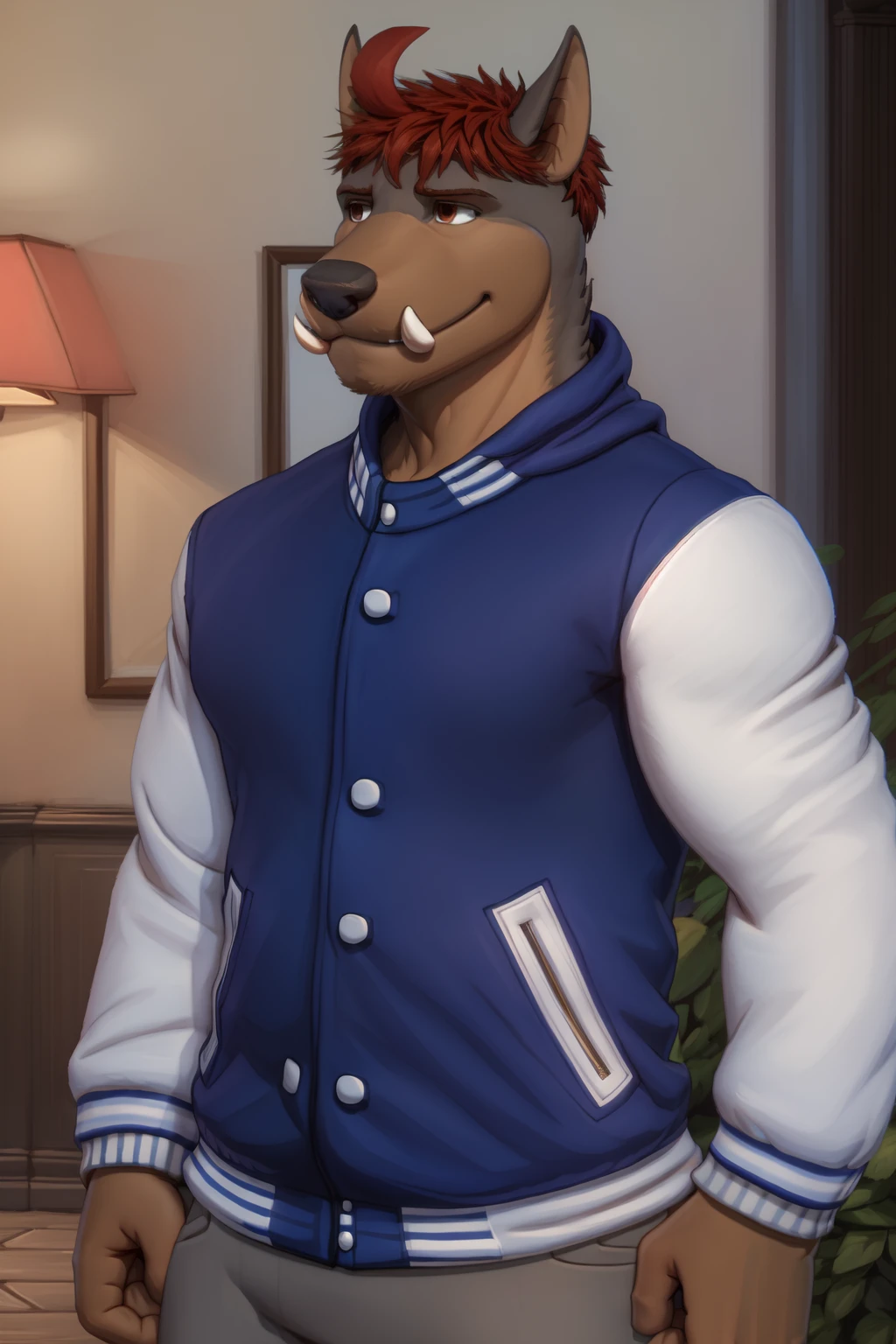 <lora:chad-09:1>, chadhze, red eyes, tusks, ahoge, (posing:1.3), (soft shading), 4k, hi res, ((detailed face, detailed)), by zackarry911, by zaush, (by personalami:0.5), smile, grey pants, letterman jacket, portrait, blue jacket, white sleeves