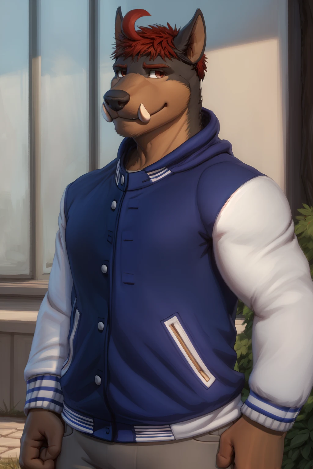 <lora:chad-09:1>, chadhze, red eyes, tusks, ahoge, (posing:1.3), (soft shading), 4k, hi res, ((detailed face, detailed)), by zackarry911, by zaush, (by personalami:0.5), smile, grey pants, letterman jacket, portrait, blue jacket, white sleeves, black fur, looking at viewer,