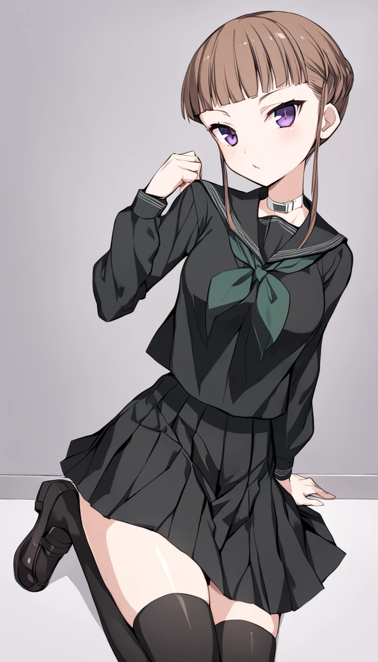 masterpiece, best quality, ultra-high-detailed, Manaka Nemu, short hair, braided hair, brown hair, violet eyes, black serafuku, green necktie, black skirt, lying on back