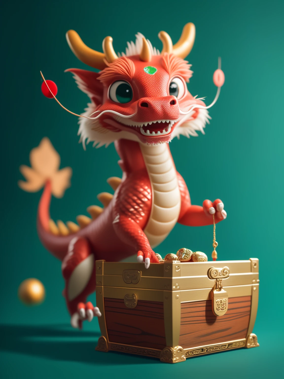 master piece, high quality, a cute Chinese dragon, grab treasure chest, green background,J_dragon