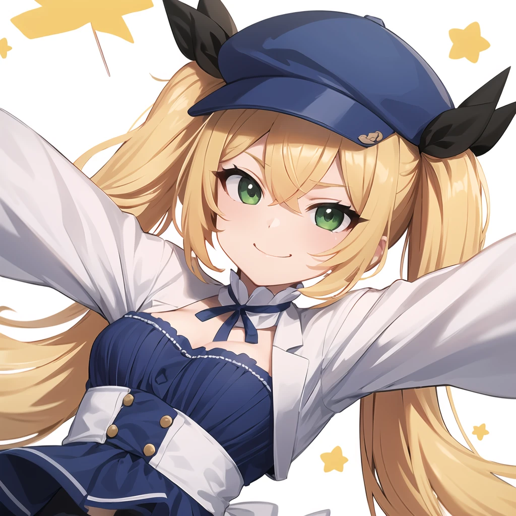 dokibird, blonde hair, green eyes, hair between eyes, long hair, arms behind back, looking at viewer, close up, smug face,
jacket, hair ribbon, blue ribbon, choker, hat, layered dress, dress, blue dress, blue headwear, frills
<lora:dokibirdumceko-000004:1>, (masterpiece), (ultra-detailed), best quality, 8k