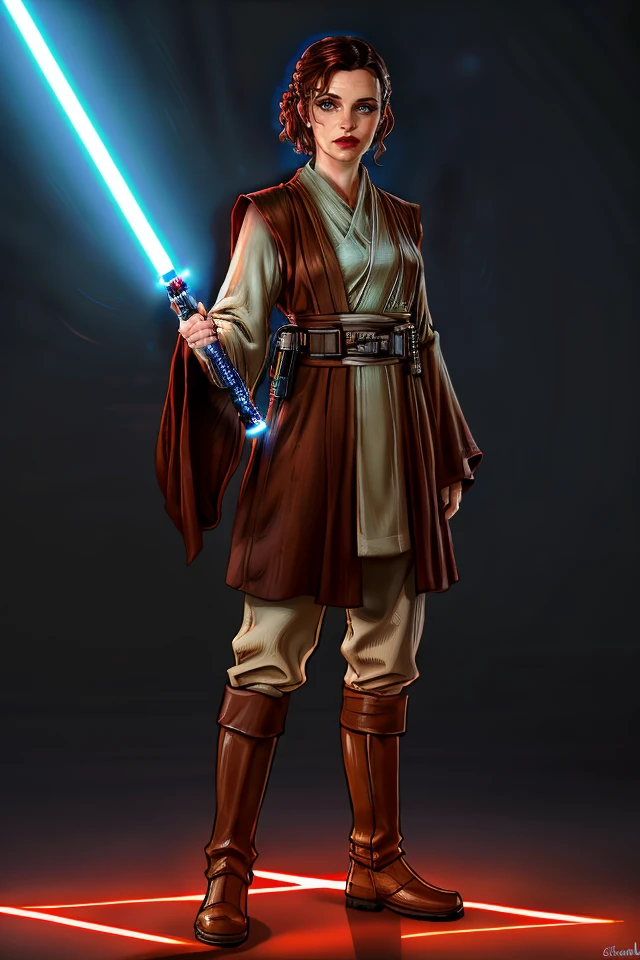 Professional photograph of JDG Woman, posing with a lightsaber, Star Wars setting, she's a jedi knight, jedi outfit, wearing brown robes, belt, boots, standing in the Jedi Temple in Coruscant. She's posing, holding a lightsaber. Blue lightsaber. She has dark hair. She's looking at the viewer, smiling, (full body shot) 4k, 8k, masterpiece, highest quality, bokeh, absurdres <lora:Jessica De Gouw 1.0 by Mal-1716:1> <lora:add_detail:0.6> red lipstick, eyeliner, brow risen <lora:jedi:0.6>
