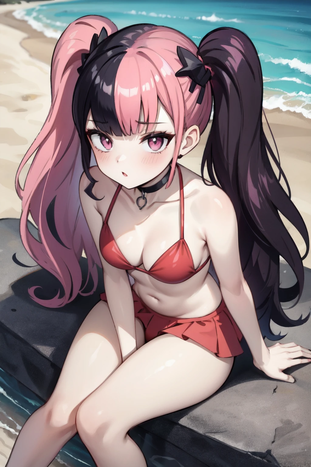 zoe rayne, 1girl, solo, twintails, split-color hair, pink eyes, red ,  shoulders, (looking at viewer),pov, long hair, blunt bangs, black choker, , pale skin, (pink hair), black hair, sidelocks, outdoors,beach, palm, ocean,sitting, hand between legs,from above,stone wall, (best quality, masterpiece)