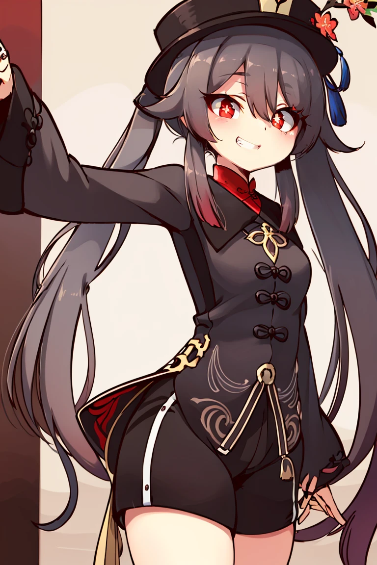 <lora:Diives_Style:0.8>,((masterpiece,best quality)), absurdres, <lora:Hu_Tao_Genshin:0.8>, Hu_Tao_Genshin, 1girl, solo, long hair, red eyes, brown eyes, flower-shaped pupils, twintails, hu tao \(genshin impact\), hat, long sleeves, hat flower, jewelry, chinese clothes, shorts, grin, smile, looking at viewer, cowboy shot,