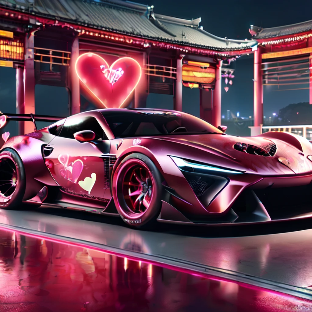 LunarValentineStyle, <lora:LunarValentineStyle:1>photo of a sports car, no human, car focus, hearts and petals  on car, reflective floor, valentine, monster energy,outdoors,night,scenery,bridge neo futuristic architecture,vehicle focus,sports car,