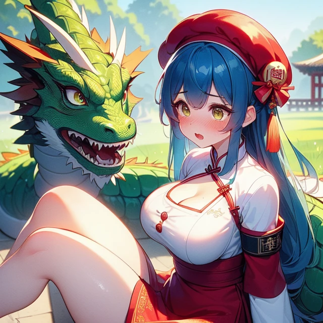 (((masterpiece))), (((best quality))), (((girl sitting on a green chinese dragon))), ((red beret hat)), ((white complex pattern button qipao)), (((red sleeves))), (((outdoor))), solo, 1girl, cleavage, (((big tits))), collarbone, ribbon, blue hair, longhair, open mouth, sweat, shy, blush, slim figure, <lora:girllikechūkaichiban:1>