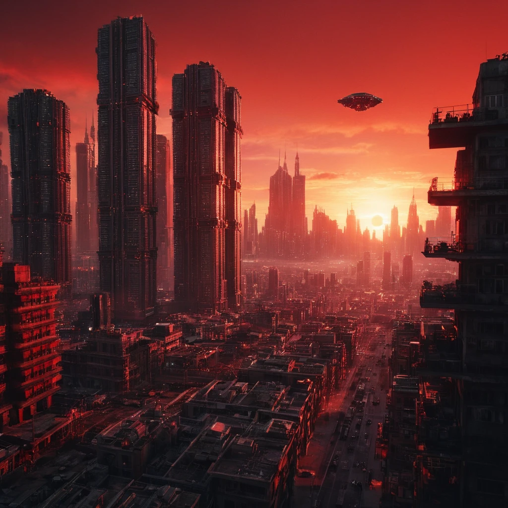 cinematic film still of <lora:Cyberpunk Style:1>
a city with a lot of tall buildings and a red sky,bionic,transhuman,Dystopia,Dystopian,kakotopia,Science fiction,high tech,low life,societal collapse,Artificial,Posthuman,future,futuristic,Artificial intelligence,Cyborg,genetically-enhanced humans,sci-fi,Cyberpunk Style,outdoors,sky,signature,no humans,building,scenery,science fiction,sunset,city,sun,cityscape,spacecraft,red sky , Cyberpunk Style, shallow depth of field, vignette, highly detailed, high budget, bokeh, cinemascope, moody, epic, gorgeous, film grain, grainy