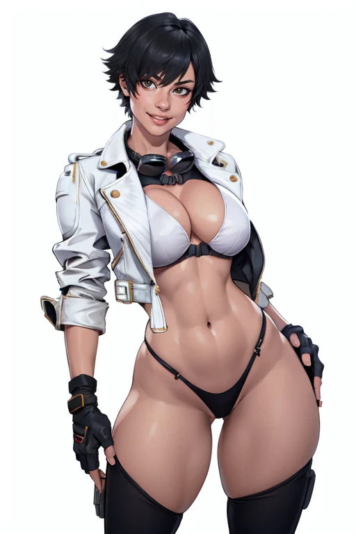 Very short hair, (masterpiece、Highest quality、Official Art), tentacle bound wrists, Beautiful face and dark eyes, Looking down, Looking at the audience:1.5, Big smile, Wet Hair, small top, White jacket, Black long boots, garter belt, (Black bondage suit:1.2), White collar, White choker, Futuristic black leather mask, Glowing Skin, Stand with your feet apart, Spread your legs wide, Realistic:1.9, Very detailed, Full Body Shot:1.2, Super Heroine, High-resolution RAW color photos, High detail, Extremely realistic detail, Ultimate realistic texture, Ultimate in exquisite detail, Professional photos, Sexy portrait of a girl, Voluptuous bust, Tight waist, Cleavage, Trained abdominal muscles, Big Ass, Complete the whole body, Full body image, No underwear, Highest quality, ((background:city:1.4)), Suzune, Suzune's clothes