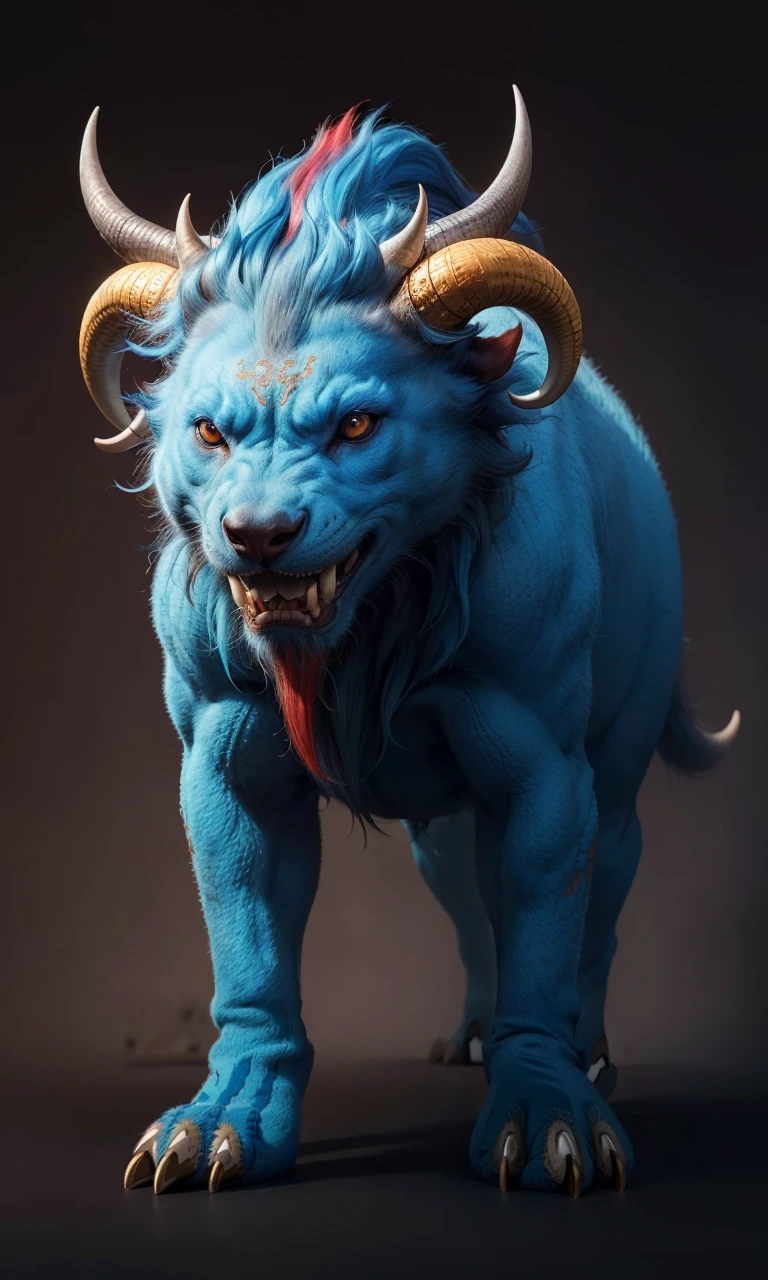 Nian2024, monster, new york, trending on arstation, 4 legs, horns, vibrant colors, Chinese mythology, ferocious,