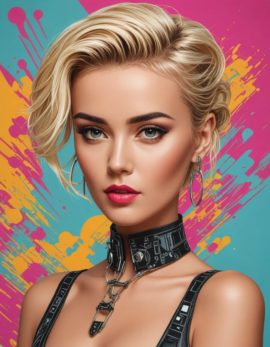 attractive, pop art <lora:dare_attractive_pop_art:0.8> BREAK Frida from Sweden, (short-cut:1.2) mohawk-style [blonde:vanilla-blonde:.2] hair, advanced robotics research institute, humanoid machines, ai ethics, future of automation