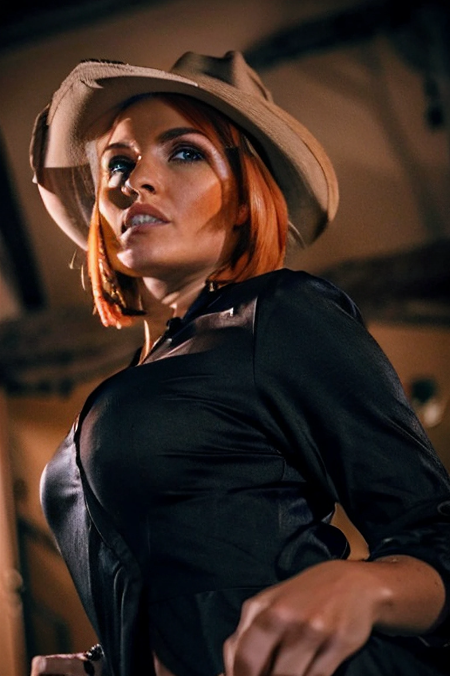 pleading expression, krissy , candid snapshot of 1girl, from below, finger touching lips, cowboy hat, heavy makeup, eyeliner, bob haircut, blue eye shadow (((orange hair))), heavy eyelids,face details, (swamp bokeh background), forehead, dust particles, freckles, depth of field, high contrast, motion blur, wide eyes