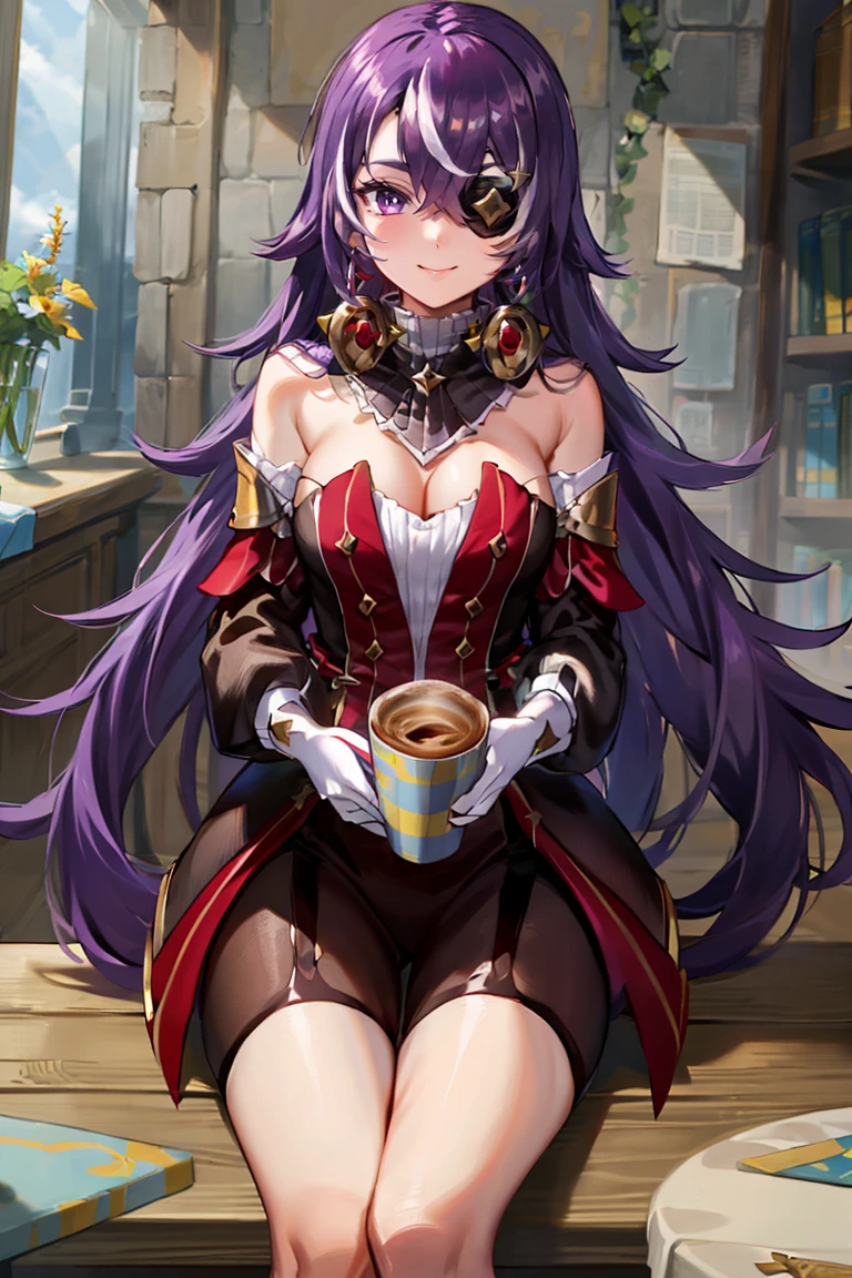 turtleneck sweater, earrings, library, cup of coffee, sitting at table((masterpiece,best quality)), absurdres, <lora:Chevreuse_Genshin:0.8>, Chevreuse_Genshin, 1girl, solo, long hair, purple hair, purple eyes, eyepatch, multicolored hair, solo, smile, looking at viewer, cowboy shot,
