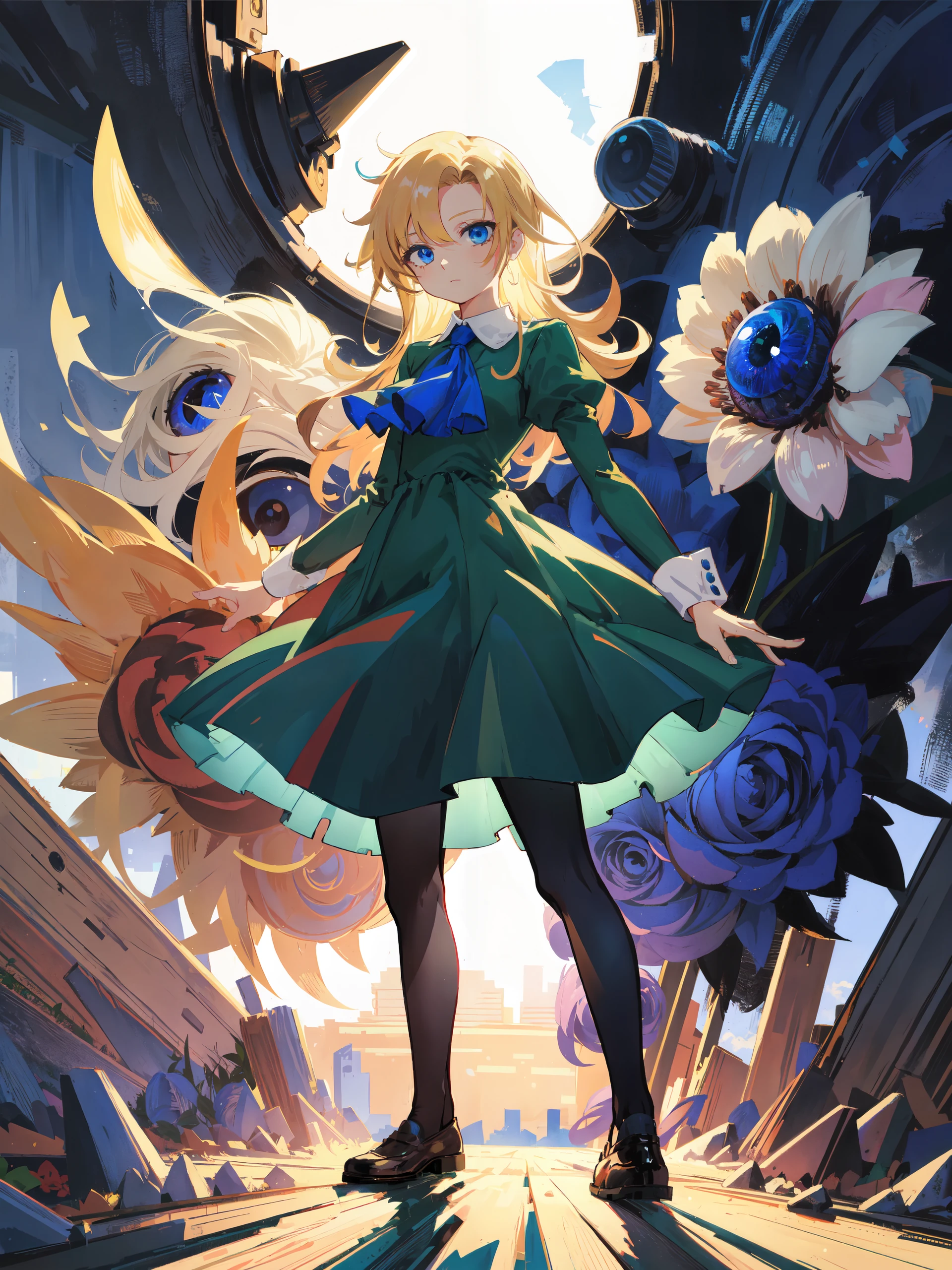 <lora:Mary2:0.8> MaryGuer, blue eyes, green dress, blonde hair, loafers, 1girl, full body, looking at viewer, parted bangs, black pantyhose, flower field, eyeballs, horror theme