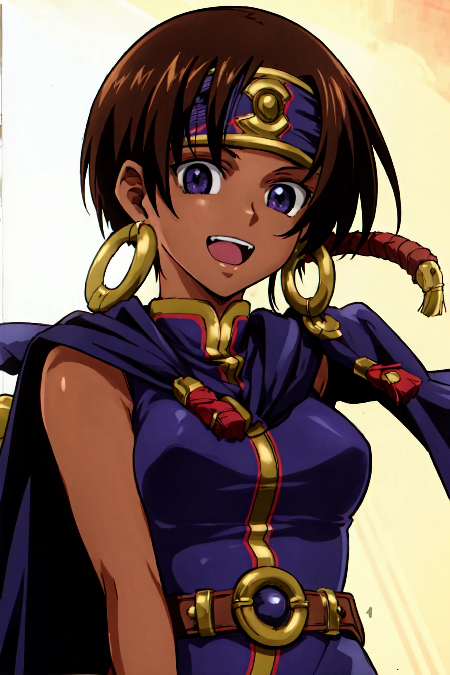 (best quality) , (highly detailed) ,masterpiece ,absurdres ,detailed face ,beautiful face ,(detailed eyes, deep eyes, anime eyes) ,1girl , solo, upper body, happy,
Posing as if whispering a secret,
najaran_culdept, earrings, dark-skinned female, dark skin, purple eyes, brown hair, short hair, dress, headband, jewelry, belt, cape, hoop earrings, <lora:Najaran_Culdept-10:0.9>