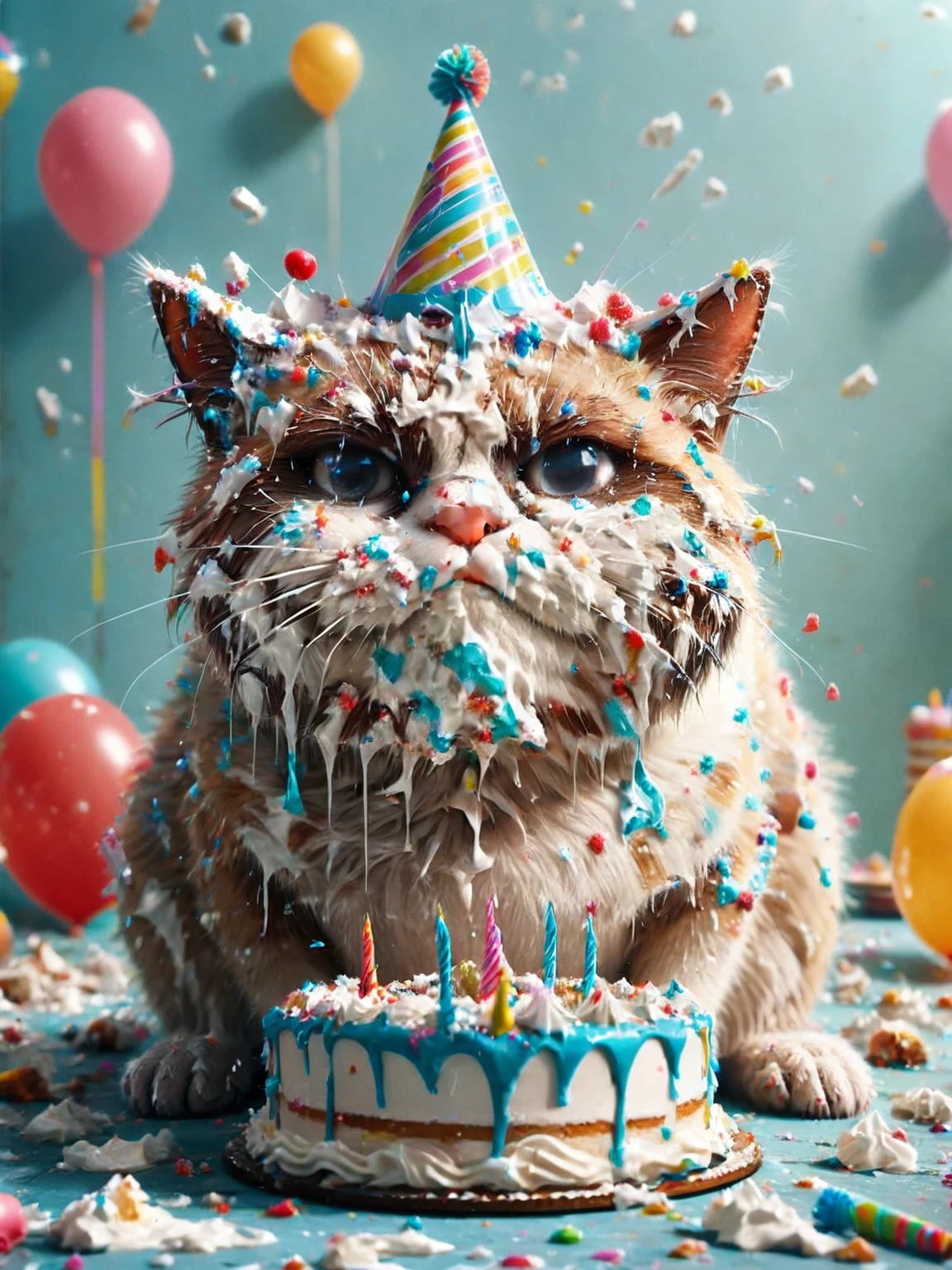 ais-cakemess grumpy cat wearing a birthday hat askew <lora:Cake_Mess_SDXL:1>