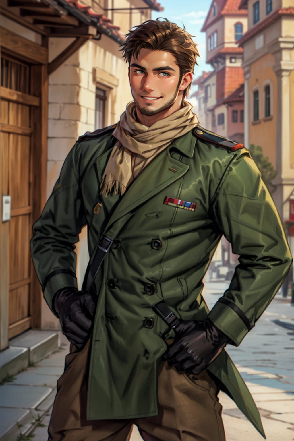 (1 image only),  (solo male),  1boy,  Sadik Adnan,  Turkey,  Hetalia: Axis Powers,  Turkish male,  olive-skinned,  facial hair,  chinstrap stubble,  sideburns,  brown hair,  short hair,  grin,  (tan color scarf),  long green military trench coat,  brown pants,  knee-high boots,  black gloves,  handsome,  mature,  charming,  alluring,  portrait,  upper body,  perfect anatomy,  perfect proportions,  8k,  HQ,  (best quality:1.2,  hyperrealistic:1.2,  photorealistic:1.2,  masterpiece:1.3,  madly detailed photo:1.2),  (hyper-realistic lifelike texture:1.2,  realistic eyes:1.2),  high_resolution,  perfect eye pupil,  (standing),  perfecteyes,  Hagia sophia,  Istanbul loction,  Islamic building,  better_hands,  perfecteyes,<lora:EMS-287390-EMS:0.600000>,<lora:EMS-498-EMS:0.600000>,<lora:EMS-93-EMS:0.300000>