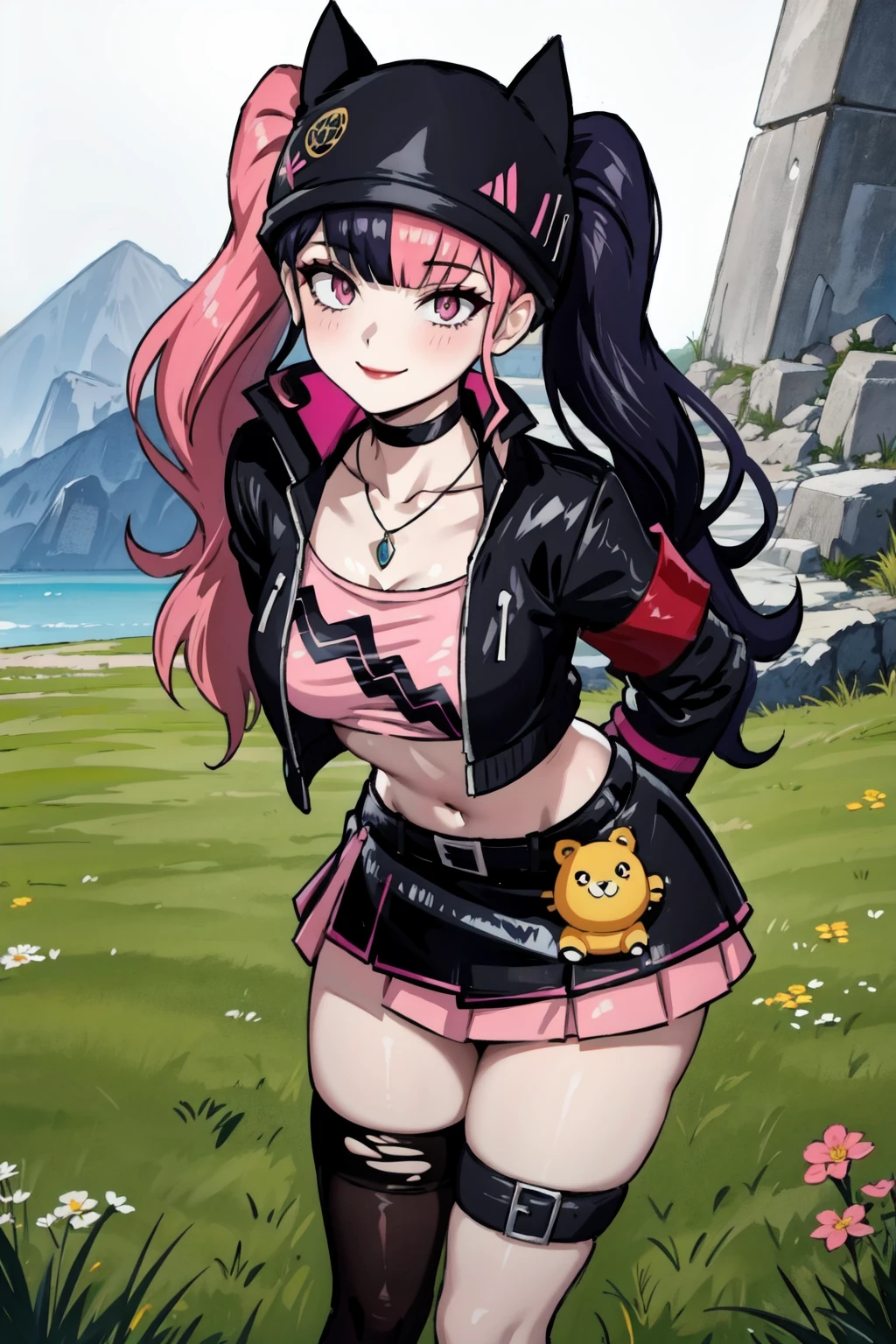 zoe rayne, 1girl, solo, twintails, split-color hair, necklace, pink pleated skirt, pink eyes, smile, pink cropped tank top, (looking at viewer), long hair, blunt bangs, black choker,facing viewer, straight-on,arms behind back,leaning forward, black thighhighs, midriff, pendant, torn thighhighs,black cropped jacket,black overskirt,(black belt), (stuffed animal:1.3), medium breasts, pale skin, thigh strap, pink hair, black hair, black single thighhigh, (red lips), closed mouth,(sidelocks), black cat hat,long sleeves, outdoors, grass, ruins, stone floor,pink triangle, (best quality, masterpiece) <lora:zoe_rayne_v1:1>