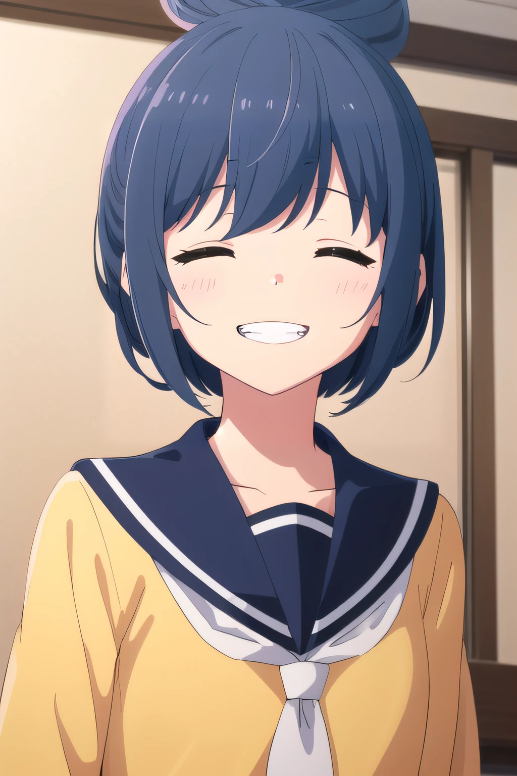 (masterpiece:1.2), best quality, high resolution, unity 8k wallpaper, (illustration), extremely detailed face, perfect lighting, extremely detailed CG, <lora:Shimarin:0.7>, shimarin, blue hair, looking at viewer, school uniform, single hair bun, hair down, yellow sweater:1.2, blue sailor collar, upper body, smile, grin, teeth, closed eyes