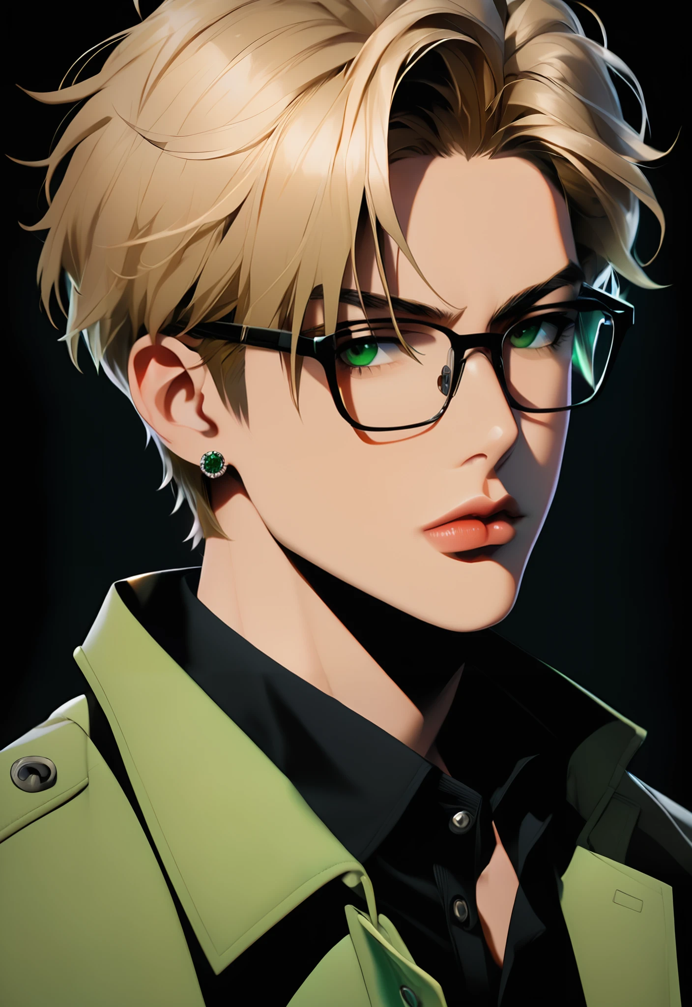 solo, looking at viewer, short hair, blonde hair, simple background, shirt, 1boy, jewelry, closed mouth, green eyes, jacket, male focus, earrings, glasses, collared shirt, lips, black shirt, black background, portrait, black-framed eyewear