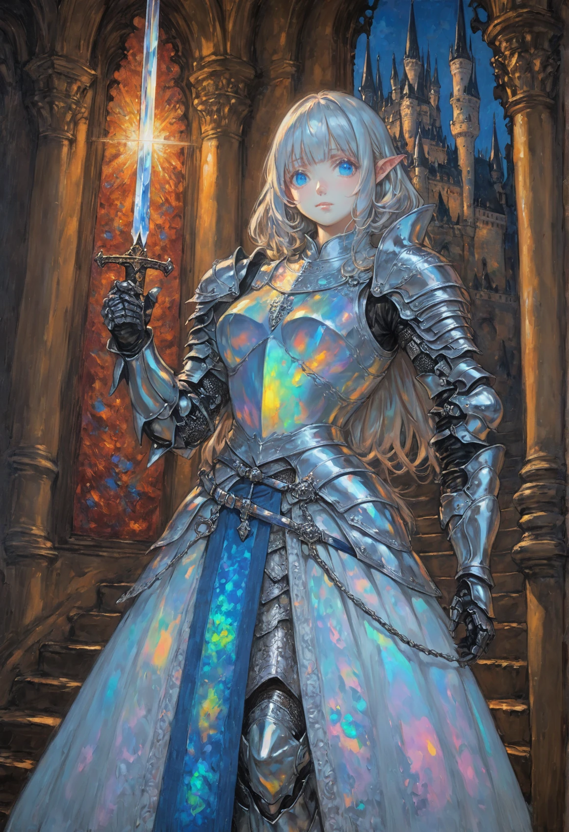 1girl, girl knight, blunt bangs, hime cut, pointy ears, [pearl:opal:0.5],
oil painting \(medium\), oil painting, impasto, chiaroscuro, scumbling, alla prima, underpainting,
very aesthetic, masterpiece, best quality, hyper detailed, ultra detailed, UHD, perfect anatomy, on the steps of Hohenzollern Castle,
sword, dazzling ,transparent, waving sword, burnished silver, steel armor, shine armor, dazzling armor,
detailed Illustration, official artwork, wallpaper, official art, extremely detailed eyes and face, beautiful detailed eyes, blue eyes,
<lora:castlevania_ayami_kojima_xl:1>
<lora:aesthetic_anime_v1s:1>
<lora:IOS_Iridescent_opal_style:0.4>