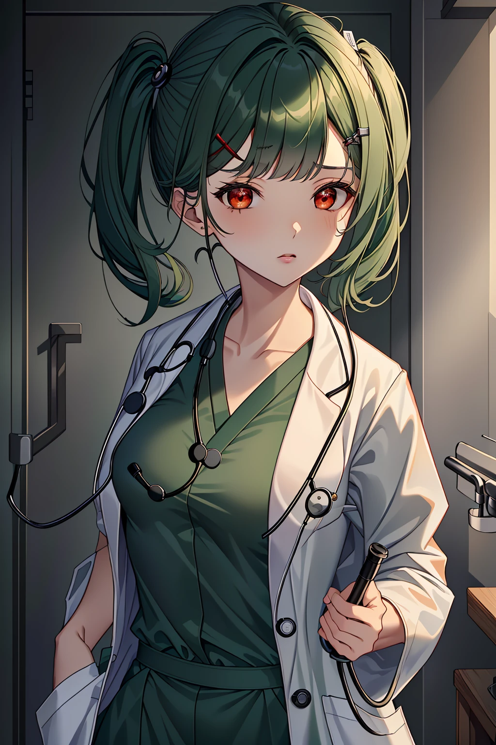 ((masterpiece, best quality, high quality)),1girl, <lora:Clare Sniders:0.7> (clare sniders, oc ch9, 1girl, hair ornament, red eyes, twintails, hairclip, swept bangs, hair over shoulder, dark green hair, medium hair, small breasts, sidelocks), <lora:Doctor Uniform V2:0.8> ((doctor_uniform, labcoat, stethoscope, doctor)),