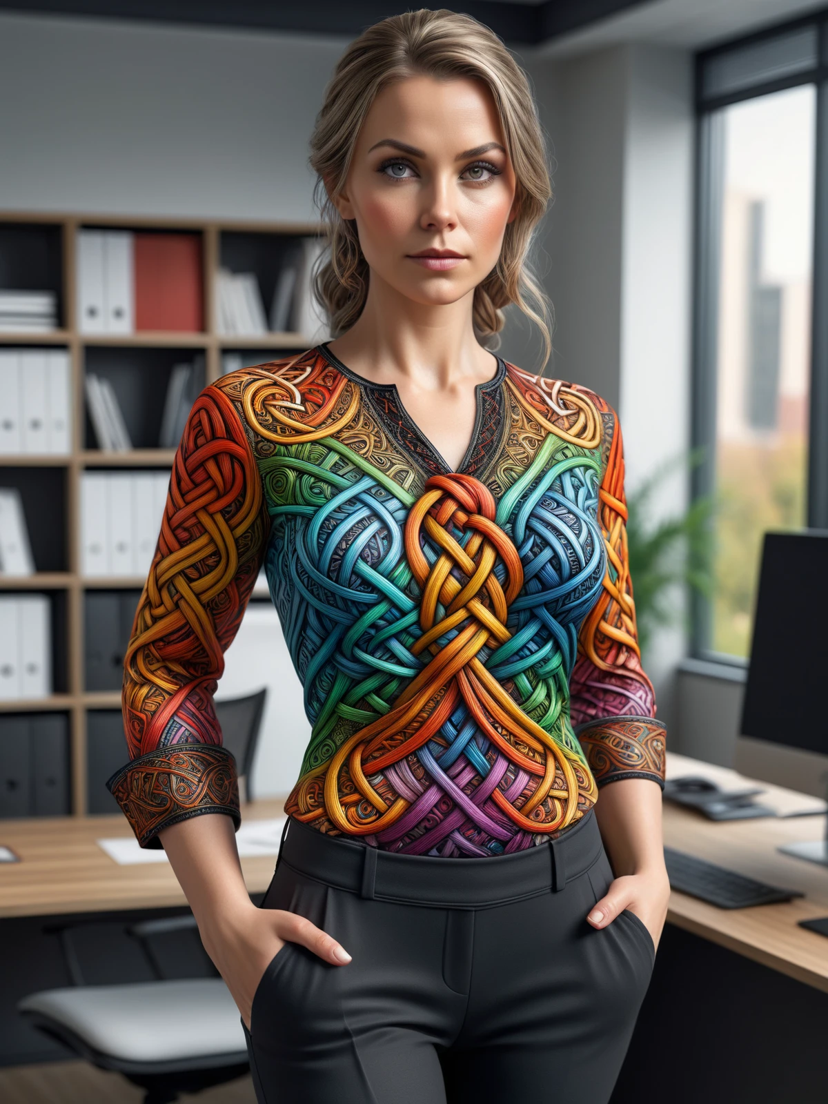 woman wearing a colorful mad-viking-knot blouse and black capris standing in (office:1.4), dynamic pose   <lora:Colorful_Viking_Knot_SDXL:0.6>, (masterpiece:1.2), best quality, (hyperdetailed, highest detailed:1.2), high resolution textures