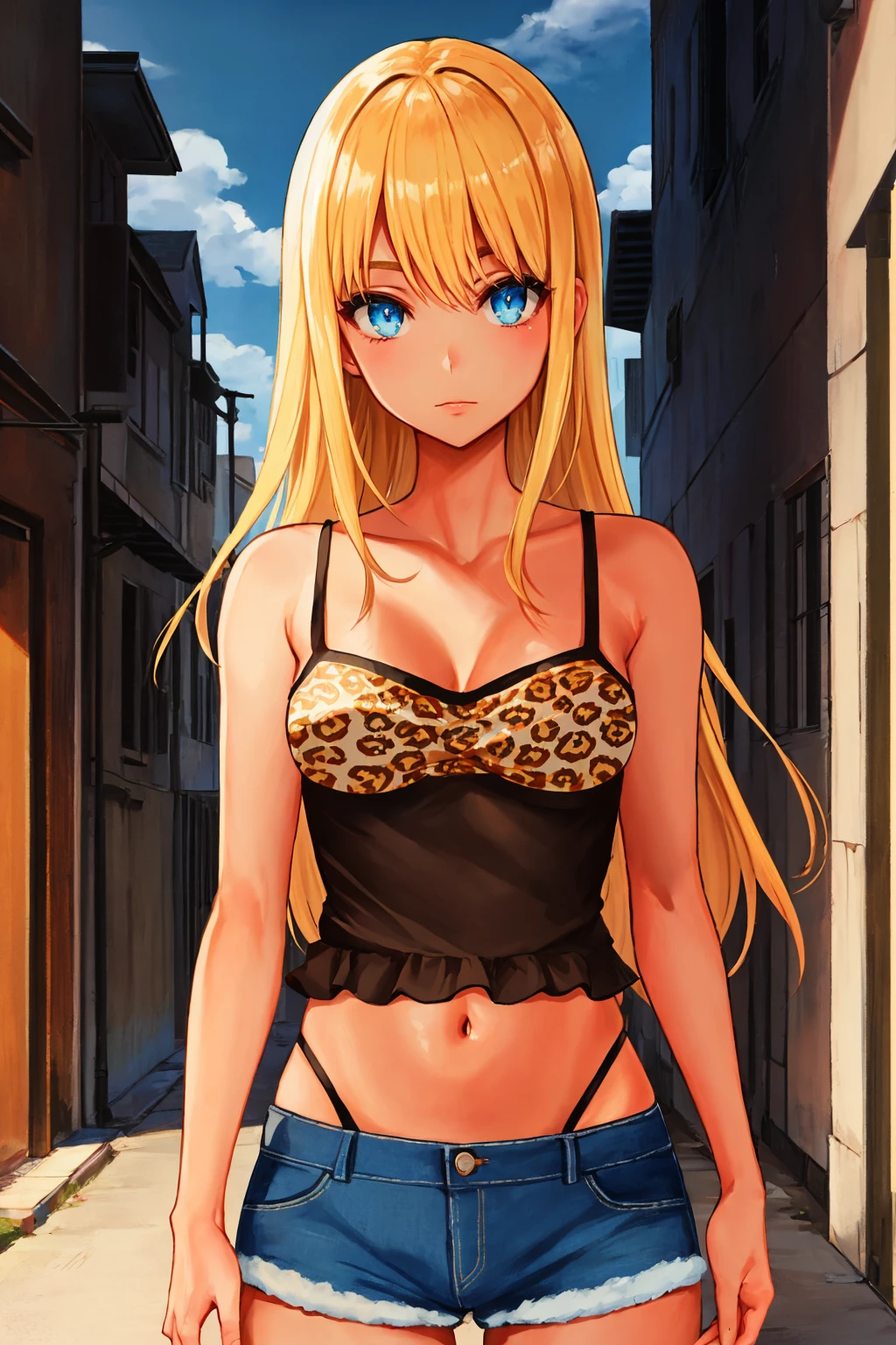 masterpiece, best quality, <lora:yoshidasaki-nvwls-v1-000008:0.9> altSaki, blue eyes, blonde hair, tan, leopard print camisole, midriff, denim shorts, cowboy shot, looking at viewer, alleyway, grey sky, chiaroscuro, desaturated