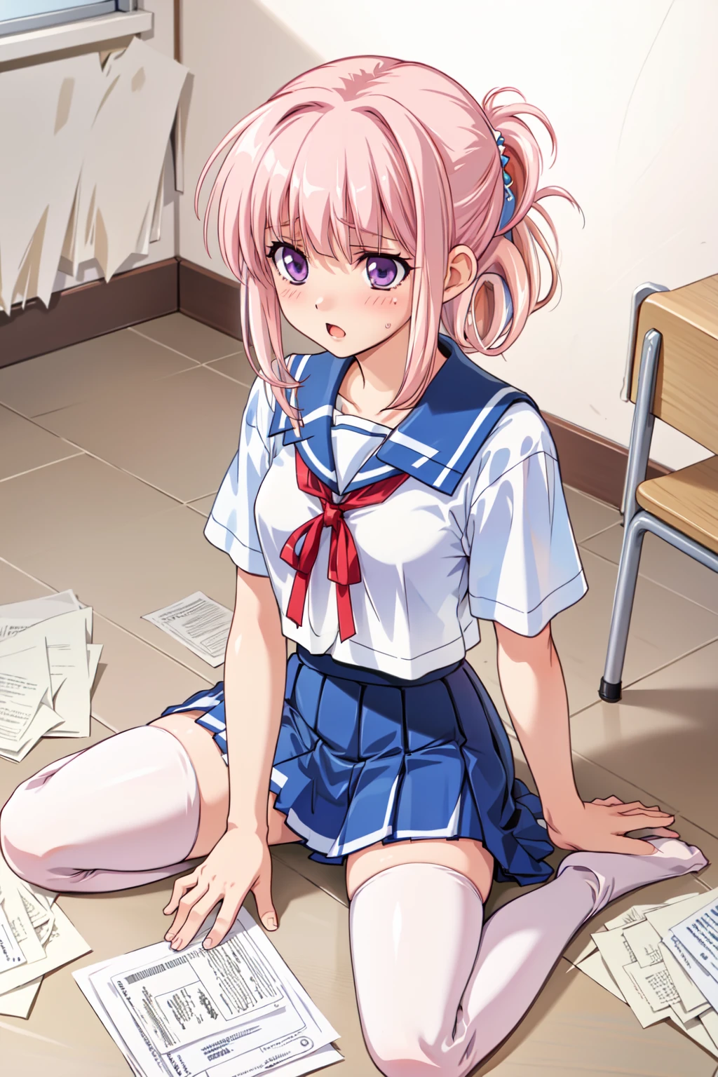 masterpiece, best quality, 1girl, solo, <lora:NojimaHotori_v1:0.75>, school classroom, sitting on ground, spread legs, hand on head, papers scattered across floor, school uniform, shy, embarrassed, blue skirt, folded ponytail, purple eyes, pink hair, white socks, thighhighs, (uwabaki:1.3), zettai ryouiki, serafuku, hair ornament, blush, red ribbon,
