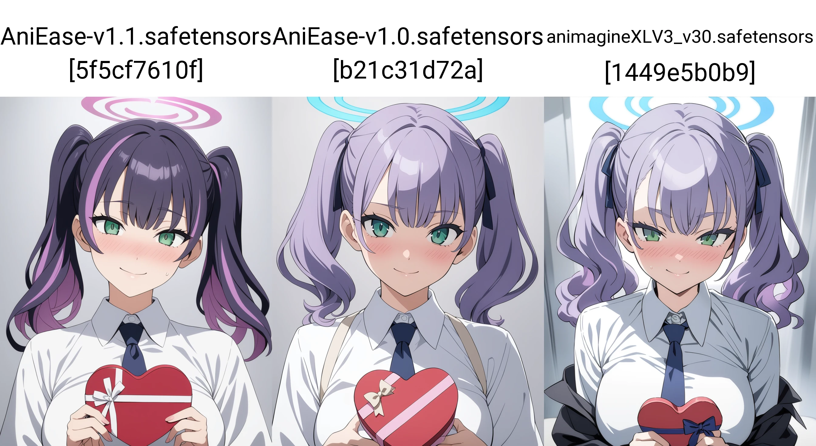 1girl, blue archive, solo,
short hair, wavy hair, twintails, purple hair, streaked hair, green eyes, halo, large breasts, white shirt, collared shirt, necktie, seductive smile, head tilt, nose blush, heart-shaped box, holding, 
white background, simple background, anime screencap, asanagi, 
very aesthetic, masterpiece, best quality,