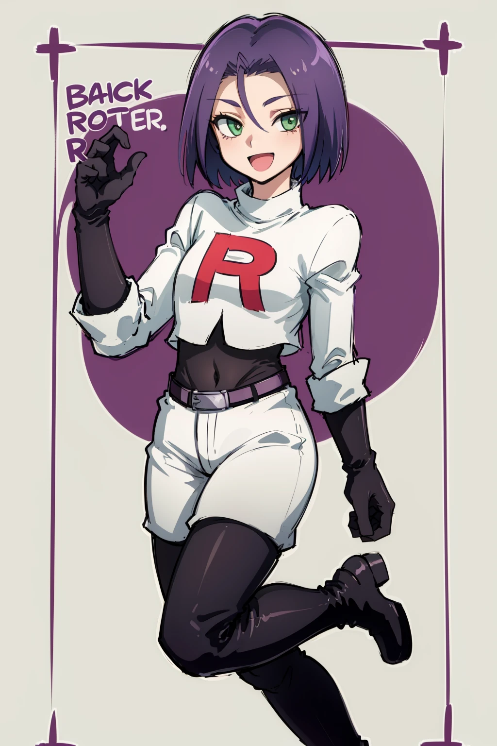 masterpiece, highres, absurdres, high quality,best quality, 1boy, solo, looking at viewer,<lora:EPpkJames-07:1.0>, EPpkJames, short hair, purple hair, green eyes, :d, aqua background, belt, belt buckle, black footwear, black gloves, black shirt, boots, buckle, elbow gloves, gloves, jacket, jewelry, logo, long hair, open mouth, pants, p purple belt, purple hair, red hair, shirt, smile, team rocket, thigh boots, white jacket, white pants