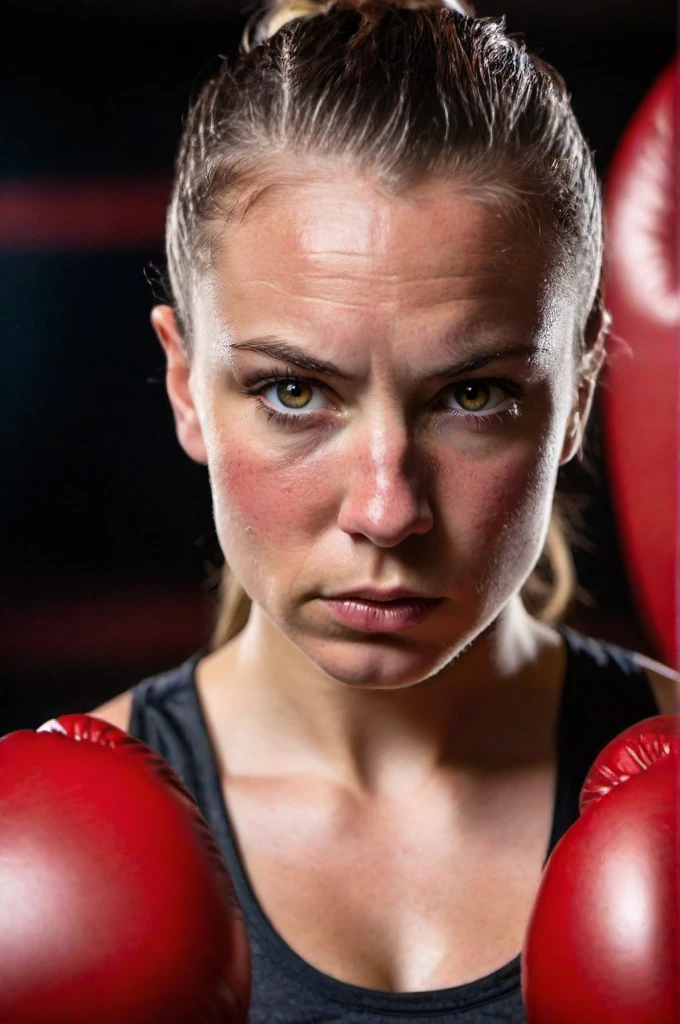 A photo of a (focused athlete:1.3), (intensity in her eyes:1.2), (red boxing gloves:1.1), determined expression, (sweat-glistened skin:1.1), dark gym backdrop, (raw determination:1.2), close-up, ambient gym lighting, shallow depth of field, Nikon D850, 1/160s, f/2.8, ISO 640, capturing emotion, athletic form, high-resolution, dramatic atmosphere.